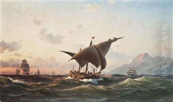A Spanish Xebec And Other Commercial Craft In The Mediterranean Off Gibraltar At Sunset - view 1