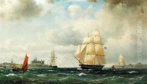 Seascape With A French Frigate And Numerous Sailing Ships Off Kronborg Castle by Vilhelm Melbye