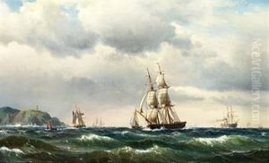 Seascape With Numerous Sailing Ships Near A Rocky Coast by Vilhelm Melbye