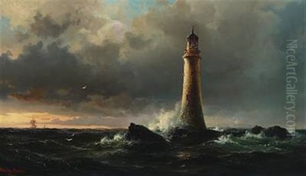 Marine With Edystone Lighthouse And Sailboats - view 1