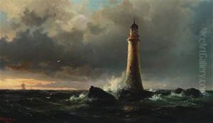 Marine With Edystone Lighthouse And Sailboats