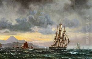 An English Three-masted Frigate And Several Sailing Ships Off A Rocky Coast by Vilhelm Melbye