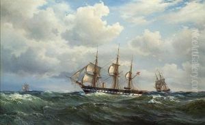 The Danish Auxiliary Steam Frigate Sjaaland Cruising Under Shortened Sail, Before A Strong Breeze And Following Seas by Vilhelm Melbye