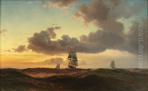 Marine Med Tre Skibe I Solnedgangen - view 1