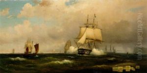 A Man-o-war Firing A Salute Off A Headland With Other Shipping In The Distance