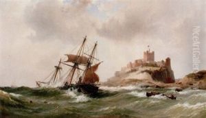 Segelfartyg Pa Stormigt Hav - Kustvy Med Bambours Slott, Northumberland by Vilhelm Melbye
