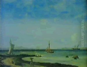 Dansk Marine Med Sejlskibe Naer Kysten by Vilhelm Melbye