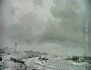 Marine Med Fiskerbade Og Vrag Ud For Skagens Gamle Fyr by Vilhelm Melbye