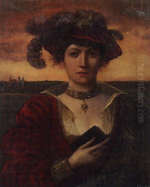 Portrait Of A Young Noble Woman In A Feathered Hat, A Landscape Beyond - view 1