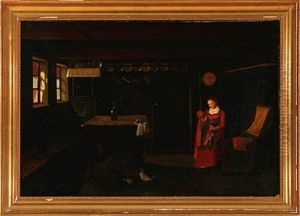 Country Interior From Zealand With A Young Girl Looking A Bonnets by Carl Theodor Melchior