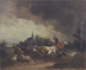 Bauer, Der Seine Viehherde Vor Dem Drohenden Gewitter Nach Hause Treibt