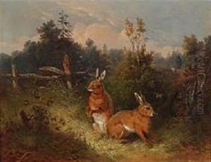 Two Hares Fleeing A Hunter