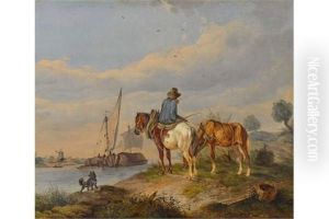 Bauer Mit Pferden In Niederlandischer Kanallandschaft by Wilhelm Melchior