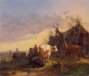 Bauernfamilie Mit Kuhen In Abendlicher Landschaft by Wilhelm Melchior