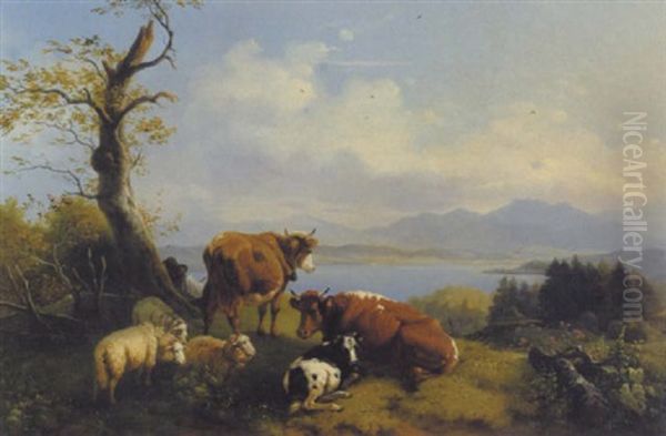 Weidetiere Und Schlafender Schafer Mit Blick Auf Einen See - view 1