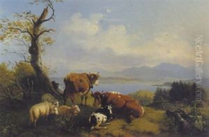 Weidetiere Und Schlafender Schafer Mit Blick Auf Einen See by Wilhelm Melchior