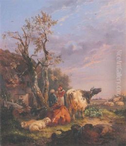 Bauernfamilie Mit Kuhen, Schafen Und Ziegen