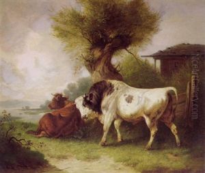 Stier Und Kuh Uber Einem Seeufer by Wilhelm Melchior