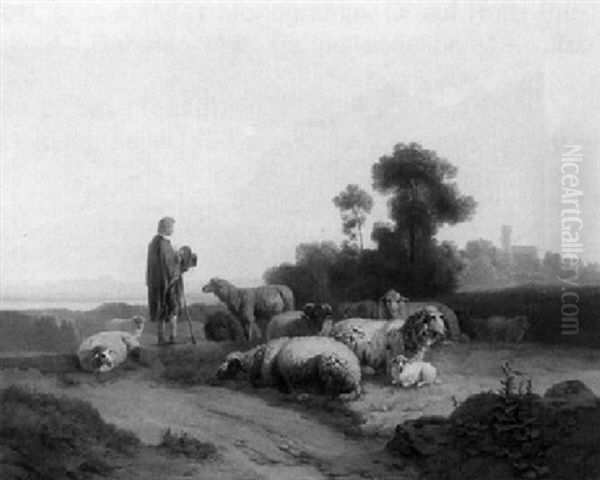 Abendfrieden. Hirte Mit Seiner Herde Auf Einer Anhohe - view 1