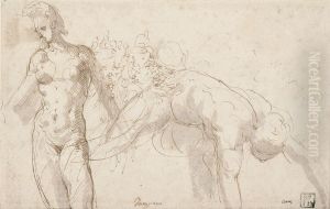 Study Of Two Nude Figures And Three Grotesque Heads by Jacopo Zanguidi, Called Jacopo Bertoija