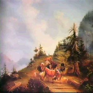 A Shepherdess With Cattle, Sheep, A Goat And A Mule In An Alpine Landscape. by Wilhelm Melchior