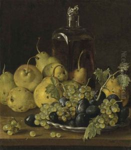 Grapes And Plums On A Plate, With Pears And A Glass Bottle On A Wooden Ledge by Luis Melendez