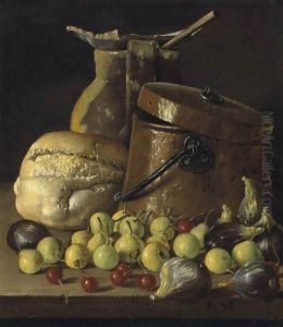 An Earthenware Pitcher And Copper Pail, With A Bread Roll, Figs, Quinces And Cherries On A Stone Ledge by Luis Melendez