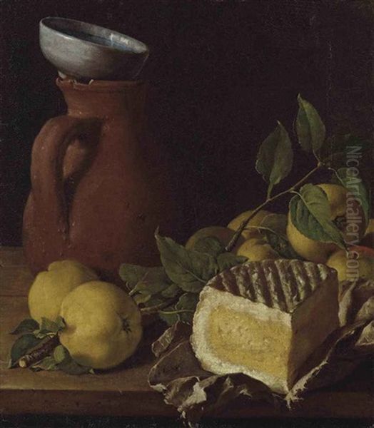 Cheese, Apples And An Earthenware Jug On A Table - view 1