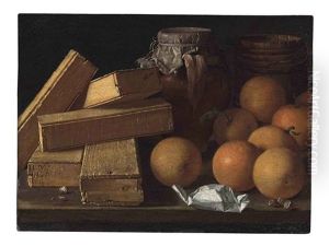 Oranges, Nuts, Spices, Boxes Of Sweetmeats, A Jug And A Cask On A Table by Luis Melendez