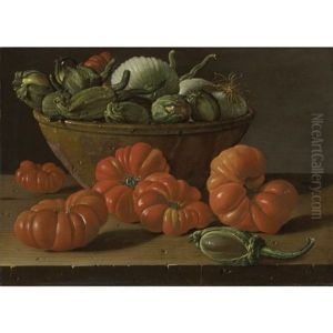 Still Life With Tomatoes, A Bowl Of Aubergines And Onions by Luis Melendez
