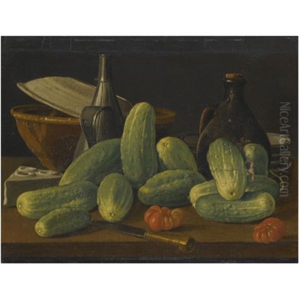 Still Life With Cucumbers And Tomatoes Together With A Knife And Other Kitchen Utensils Upon A Wooden Table - view 1