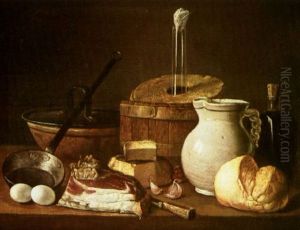 Frasca De Vino, Jarro Y Un Enfriador De Corcho Con Otros Objetos Y Diversos Alimentos Sobre Una Mesa by Luis Melendez