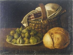 Still Life With Plate Of Figs, Bread And Basket With Ham by Luis Melendez