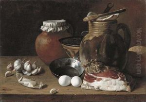 Ham, Eggs, Cloves Of Garlic, Bread, Terracotta Pots And A Frying Pan On A Wooden Ledge by Luis Melendez