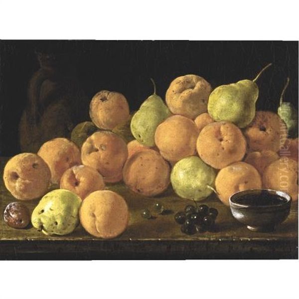 A Still Life Of Quinces, Pears, A Plum, A Bunch Of Red Grapes, Green Grapes, A Terracotta Jug And A Ceramic Cup, All Arranged Upon A Table Top - view 1