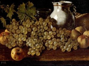 Bodegon Con Manzanas, Uvas, Peras, Pan, Jarra Y Vaso De Cristal by Luis Melendez
