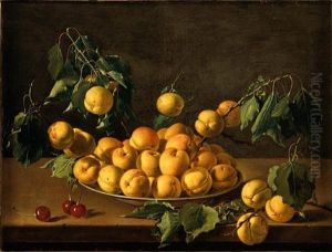 Still Life Of Apricots In A Ceramic Bowl, With Branches Of Apricots And Their Foliage Protruding Outwards, Together With Cherries And A Single Branch Of Apricots, All Arranged Upon A Plain Table Top