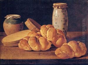 Bodegon With Bread, Two Sweet Boxes, A Green-glazed Biar Honey Pot And A Manises Ceramic Jar by Luis Melendez