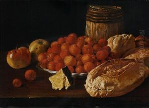 Arbutus Berries On A Plate, Apples, A Wood Barrel And Bread Rolls On A Wooden Table