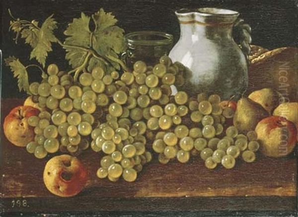A Ceramic Jug And A Glass With Bread, Grapes, Apples And Pears On A Wooden Table Ledge - view 1
