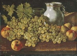 A Ceramic Jug And A Glass With Bread, Grapes, Apples And Pears On A Wooden Table Ledge by Luis Melendez