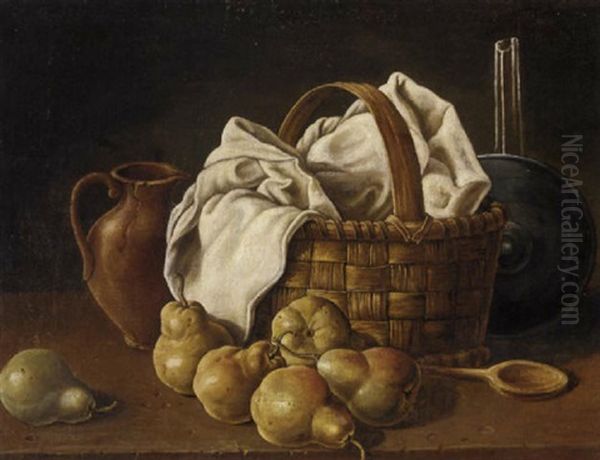 An Earthenware Jug, A Basket With A White Table-cloth, A Pewter Lid, A Wooden Spoon And Pears On A Wooden Table Ledge - view 1
