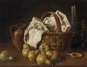 An Earthenware Jug, A Basket With A White Table-cloth, A Pewter Lid, A Wooden Spoon And Pears On A Wooden Table Ledge