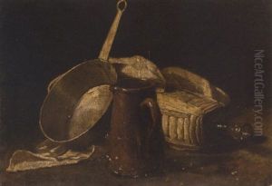 A Jug, A Saucepan And A Glass Bottle On A Partly Draped Table by Luis Melendez
