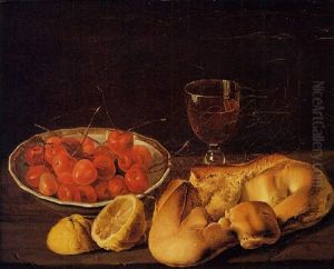Natura Morta Con Pane, Limone, Un Calice Di Vino, Un Piatto Di Ciliegie by Luis Melendez