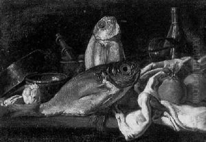 Still Life Of Fish, Oranges, Garlic And Kitchen Utensils, All Resting On A Table