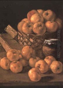 Apples In A Basket, A Jar And Condiment Boxes On A Table