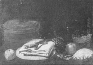 Still Life Of A Cork Cooler, A Knife, Fork And Spoon On A   Folded Napkin, Grapes, A Slice Of Melon, A Roll...