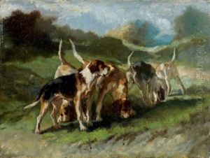 Cinq Chiens De Meute Par Temps D'orage by Joseph Urbain Melin