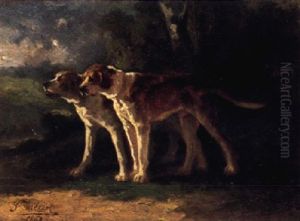 Zwei Witternde Jagdhunde Am Waldrand by Joseph Urbain Melin